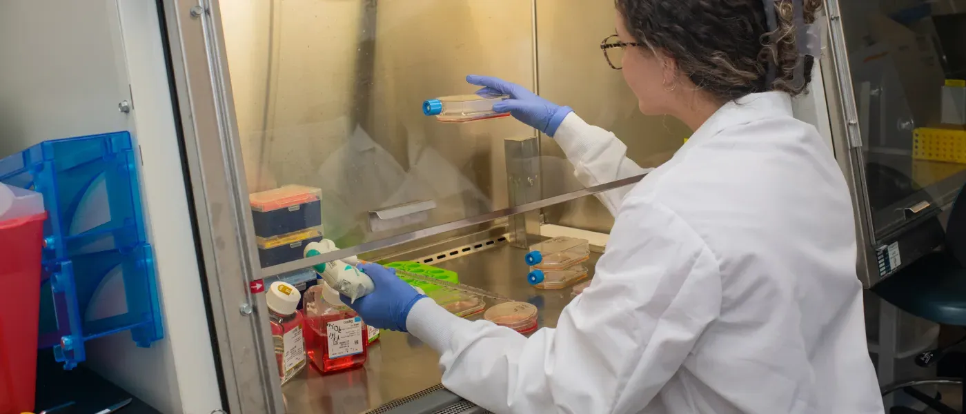 A U N E student works with lab equipment